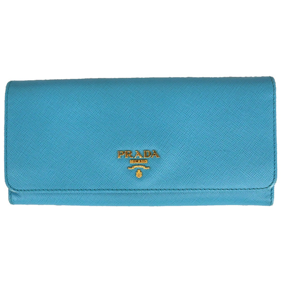 Prada Wallet Clutch Womens Blue Pebbled Leather Snap Zip Pockets Trifold - Picture 1 of 10